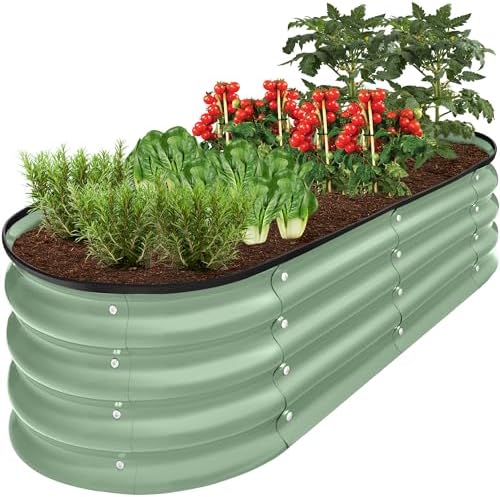 Best Choice Products 4x2x1ft Outdoor Metal Raised Garden Bed Outdoor, Oval Deep Root Planter Box for Vegetables, Flowers, & Herbs, 51 Gallon Capacity, Rubber Edge Guard, 100% Non-Toxic - Sage Green by BestChoiceProducts