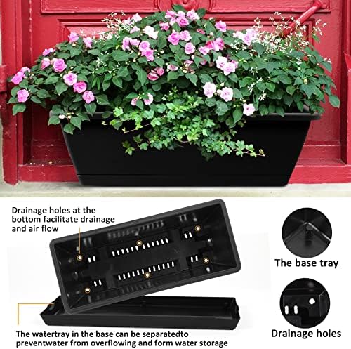 8pcs Window Box Planter,17 Inches Flower Window Boxes,Rectangle Planters Box with Drainage Holes and Trays, Plastic Vegetable Planters for Windowsill Patio Garden Home Decor Porch Yard (Black) - Image 6