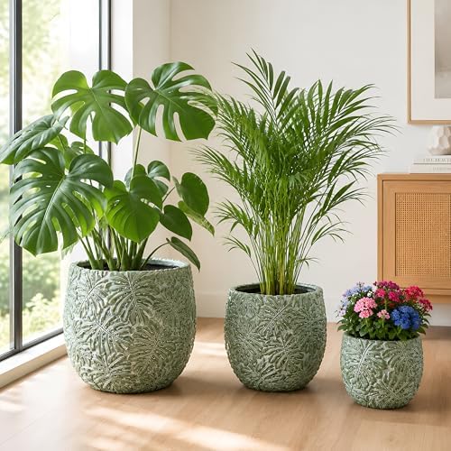Craft flowerpots 18"+13"+9" Dia Round Concrete Planter Set of 3 Large Outdoor/Indoor Planter Pots Containers with Drainage Holes and Rubber Plug for Home Garden (Green, Large) by Unknown