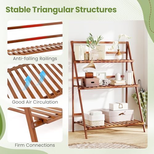 GIANTEX Foldable Bamboo Ladder Plant Stand, 3 Tier Plant Shelf, Brown - Image 6