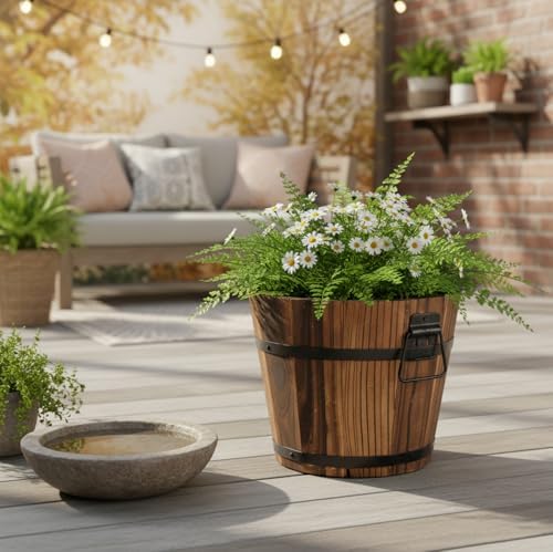 Whiskey Barrel Planter - Vintage-Style Carbonized Wooden Planter with Drainage Hole, Rustic Large Plant Pot for Succulents, Herbs & Home Decor, L Wine Barrel Wooden - Image 3
