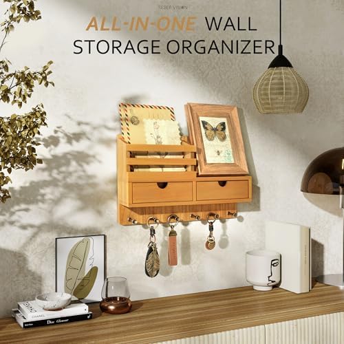 Rebee Vision Key Holder Wall Mount with 2 Drawers for Entryway, Light Brown - Image 3