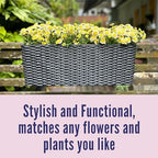 LaLaGreen Outdoor Rail Planter for Balcony (20 Inch, 2 Pack) Large Black Self Watering Deck Railings Planters with Brackets, Rectangular Plastic Fence Flower Box Designer Choice with Rattan Pattern - Image 6