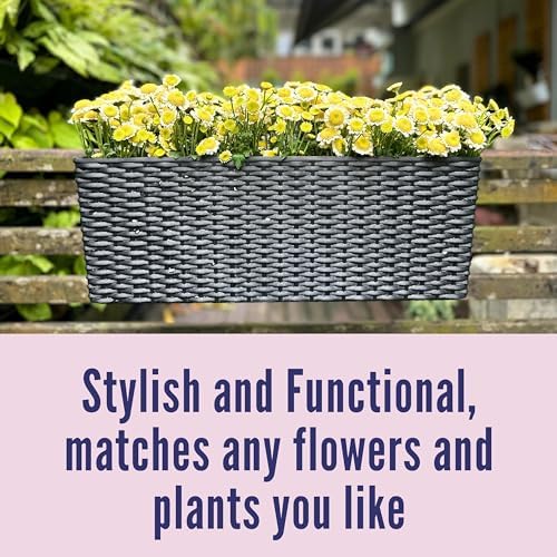 LaLaGreen Outdoor Rail Planter for Balcony (20 Inch, 2 Pack) Large Black Self Watering Deck Railings Planters with Brackets, Rectangular Plastic Fence Flower Box Designer Choice with Rattan Pattern - Image 6