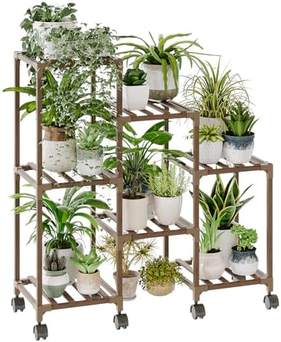 Bamworld Plant Stand with Wheels for Indoor Plants Wood Outdoor Tiered Shelf 3 Tire 7 Potted Ladder Plant Holder Table Pot Stand for Window Garden Balcony Patio Living Room (natureDL) by Bamworld
