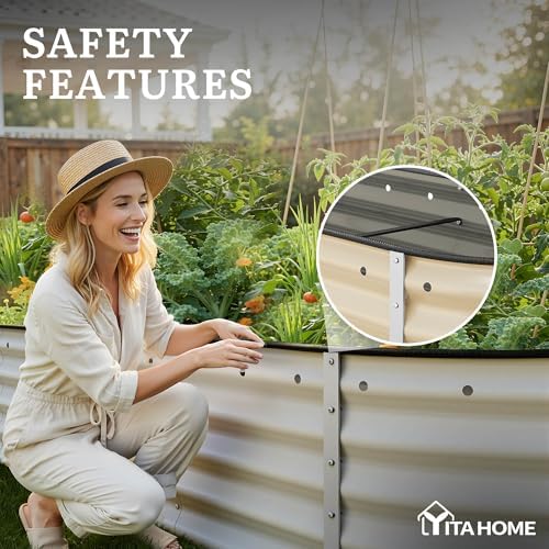 YITAHOME 8x2x1.5ft Galvanized Oval Raised Garden Bed, Metal Planter Box with Safety Rubber, Gloves, Outdoor Flower Bed for Planting Plants Vegetables, Cream Yellow - Image 6