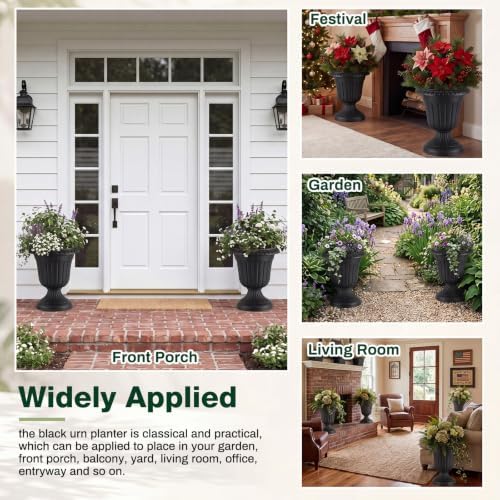 Zhehao 4 Pcs 13 x 15 Inches Black Plastic Urn Planter Classic Flower Pots Front Porch Planters Indoor Outdoor Planters with Pedestal for Wedding Party Bridal Shower Garden Patio Porch - Image 5