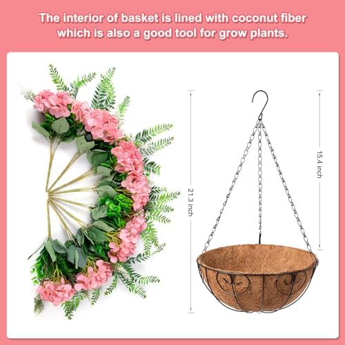 Ammyoo Artificial Champagne Hydrangea Flowers with Hanging Basket for Decor - Image 2