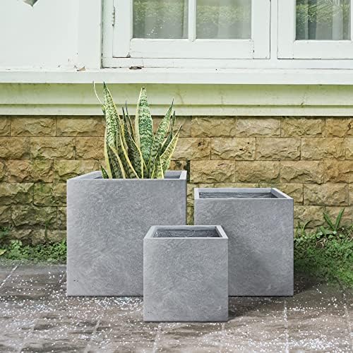 Kante 16",12",10" Square Concrete Planters Set of 3 for Outdoor Indoor Home Patio Garden, Large Plant Pot with Drainage Hole and Rubber Plug, Slate Gray - Image 6