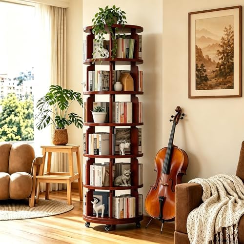 6 Tier 360° Rotating Solid Wood Bookshelf with Wheels by Azlafu