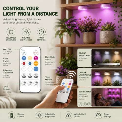 Rechargeable Grow Lights for Indoor Plants, 4000mAh Full Spectrum Wireless Magnetic Puck Grow Lights with Remote Control, Timer, Stepless Dimming and Type-C Charging for Plant Shelf and Flowers - Image 4