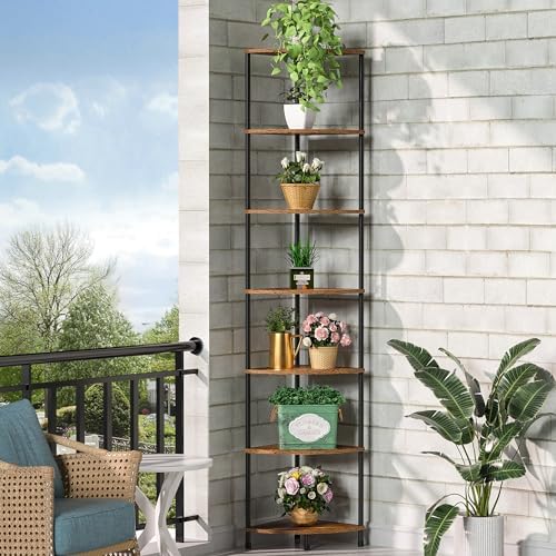 7 Tier Corner Plant Stand Shelf, 64.7", Rustic Brown by Greatseas