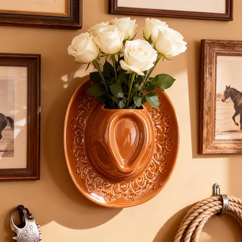 Ceramic Cowboy Hat Wall Vase - Handmade Hanging Flower Planter, Western Boho Room Decor & Coastal Cowgirl Aesthetic Wall Art for Home Decorations (Brown) - Image 4