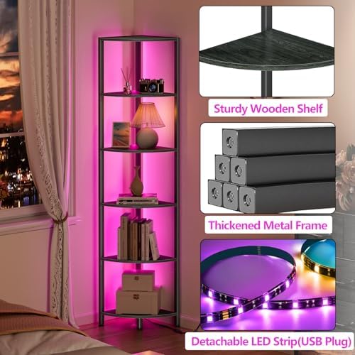 Furnulem 6 Tier Corner Shelf with LED Light, 67.5" Black Narrow Bookshelf - Image 6