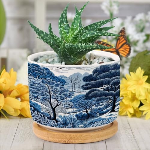 Blue and White Indigo Chinoiserie Ceramic Planters Navy Chinoiserie Pine Tree Snake Plant Live Indoor with Pot with Drainage Holes and Saucers Pot for Home Office Desk Garden - Image 6