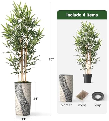 Artificial Tree in Geometric Pattern Planter, Fake Bamboo Silk TRE for Indoor and Outdoor Home Decoration - 70" Overall Tall (Plant Pot Plus Tree) - Image 5