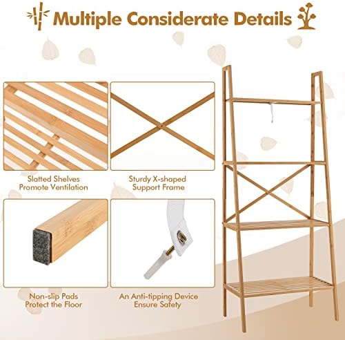 Tangkula 4-Tier Bamboo Ladder Bookshelf, Rustic Bookcase, Floor Standing Shelving Unit, Book Shelf Storage Organizer, Display Rack for Living Room, Kitchen, Bedroom, Office (1, Natural) - Image 5