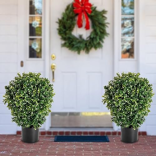 2PCS Artificial Boxwood Ball Bushes Potted Plants for Outdoor, Faux Topiary Ball, Fake Plants Greenery, Round Shrubs Bushes with Dry Moss Plastic Flowerpot, for Entryway Front Porch Decor (20Inch) - Image 4