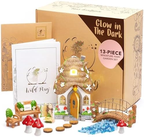 WILD PIXY Fairy Garden Kit - 13 Piece Glow in the Dark Decorative Accessories with 7.1" Outdoor Fairy House with Opening Door and Solar LED Light, Garden Door for Trees, Stones, Indoor/Outdoor Decor by WILDPIXY