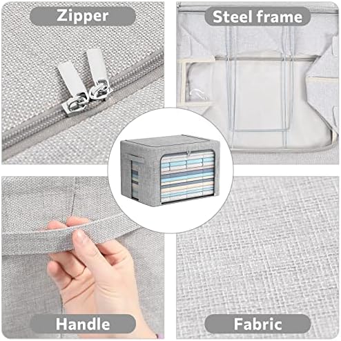 FHSQX 2 Pack Clear Window Storage Bins - Large Stackable Linen Fabric Storage for Clothes Foldable Container Organizer Set with Carrying Handles (Light Gray, 15.7x 11.8x 11.7 Inch) - Image 3