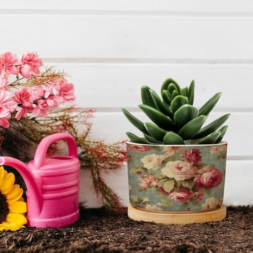 Watercolor Pink Roses Planter Ceramic Romantic Flower Round Flower Pot with Drainage Holes and Bamboo Tray Pot for Pots Outdoor Indoor Plants - Image 5