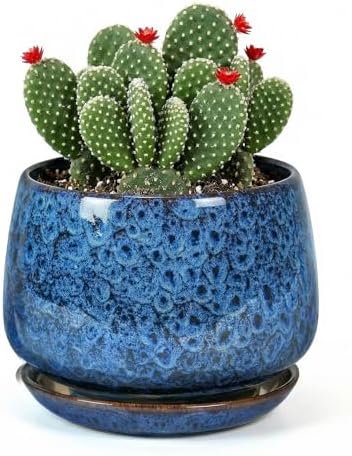 7.5 Inch Flower pots for Indoor Outdoor Plants with Saucer Drainage Leak-Proof Mesh, Ceramic Planter with Gardening Gloves for Succulent and Flower(Peacock Blue) by Unknown