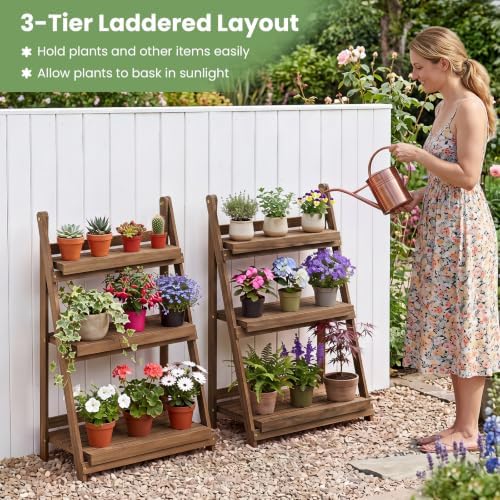 GIANTEX Foldable Wooden Plant Stand, 3-Tier Ladder Plant Shelf, Brown - Image 3