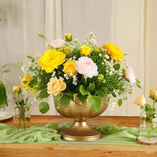 Retro Gold Vases for Centerpieces Set of 2 Brass Metal Vases for Flowers Decorative Pedestal Bowl for Table Centerpieces Floral Arrangments on Housewarming Wedding Party - Image 2