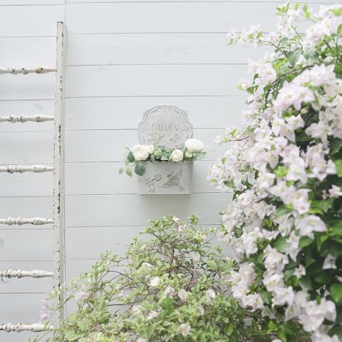 BIG FORTUNE Metal Wall Mount Planter Wall Vases for Flowers Shabby Chic Decor for Rustic Farmhouse Outdoor Decor (White) - Image 3