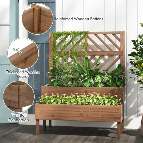 Raised Garden Bed with Trellis & 2 Planter Boxes, 2-Tier Outdoor Wooden Elevated Planter Box with Legs & Drainage Holes, Gardening Planters for Flowers, Herbs, Vegetables & Fruits(Brown) - Image 4