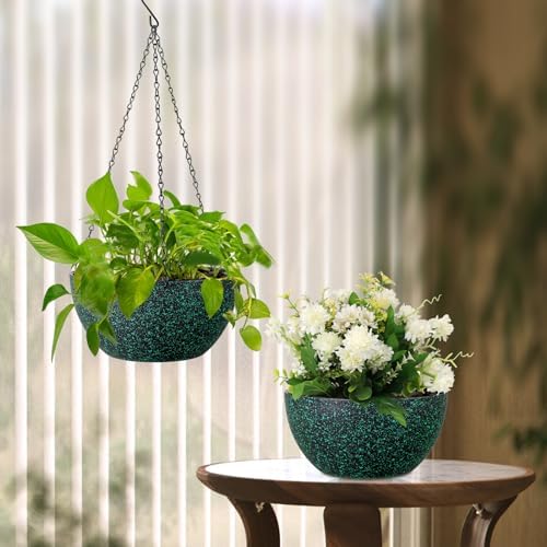 Meowell 12 inch Large Hanging Planters for Indoor Outdoor Plants, 2 Pack Hanging Flower Pots with Drainage Holes and Chain, Plastic Hanging Baskets for House Plants, Black with Green Speckles - Image 7