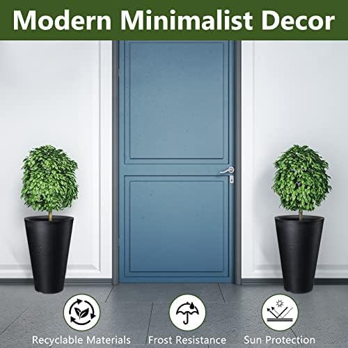 Sieral Set of 2 Tall Outdoor Planters 12 x 18 Inch Large Resin Outdoor Planters for Front Porch Flower Round Floor Decorative Indoor Pots with Drainage(Black) - Image 2