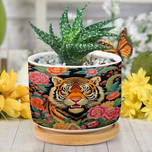Animal Tiger Stripe Chinoiserie Ceramic Planters Orange and Coral Peony Flower Flower Pots for Indoor Plants with Drainage Holes and Saucers Pot for Home Office Decoration - Image 6