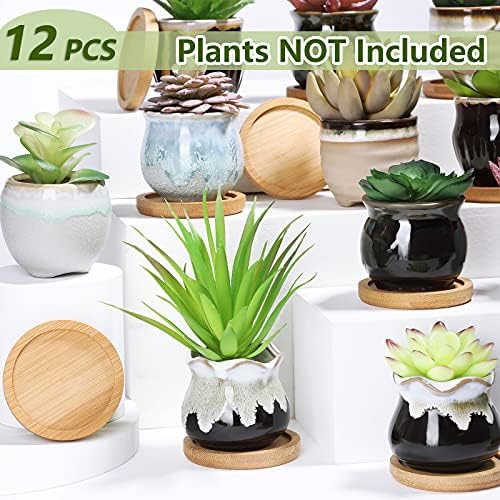 Remerry 12 Pcs Ceramic Succulent Pots 2.5 Inch with Drainage Bamboo Tray - Image 4