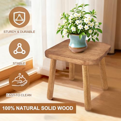 Solid Wooden Stool 11.7''H Wooden Plants Stand Wooden Decorative Stool Small Wood Stand for Bathroom Bedroom Livingroom Kitchen Bathroom - Image 5