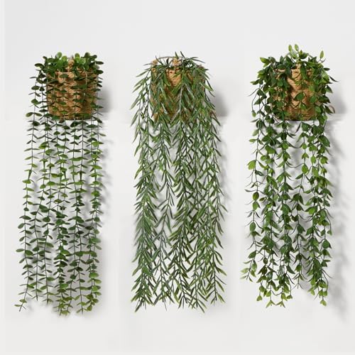 3 Pack Artificial Hanging Plants with Pot in Baskets for Wall Decor - Image 2