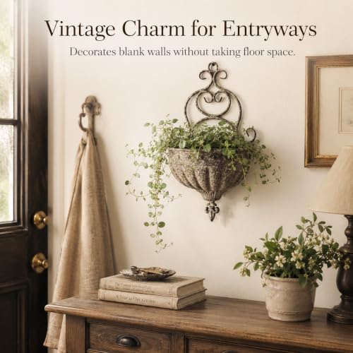 Vintage Wall Hanging Planter with Ornate Scrollwork, Distressed Rust Iron Wall Mount Flower Pot, Rustic Farmhouse Ribbed Wall Planter for Indoor Outdoor Porch Entryway Garden Wall Decor(A3077) - Image 5