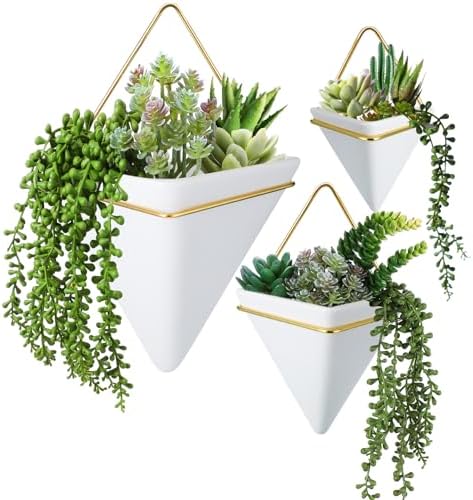 3 Sets Ceramic Wall Hanging Planters Indoor 3 Size Geometric Hanging Planters for Indoor Plants Self Watering Pots with Metal Holder for Air, Cactus, Faux Plants and Home Office Decor by Romooa