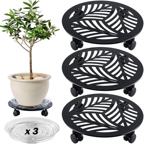 3 Packs Large Metal Plant Caddy with PU Wheels 13.6" Heavy-Duty Wrought Iron Rolling Plant Stands Indoor Outdoor Wheeled Plant Dolly Planter Mover Rollers Plant, Leaf Style by Planterhoma