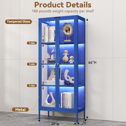 Polup 66" Blue Glass Display Cabinet with 8-Color LED for Collectibles - Image 2