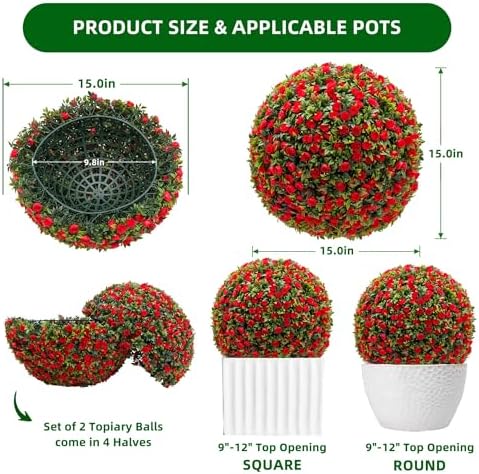 17.7 Inch Artificial Hanging Topiary Balls Set of 2, Faux Flower Balls for Garden Patio Wedding Valentine's Day Decor, Outdoor Indoor Hanging Decorations for Porch Front Door Party,Red - Image 5
