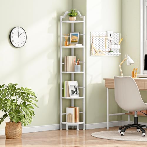 HOOBRO Narrow Corner Shelf Stand, 5-Tier Corner Shelf, 63” Tall Multipurpose Corner Bookshelf, Standing Display Shelf Plant Stand, for Living Room, Study, Kitchen, White WW100CJ01 - Image 2