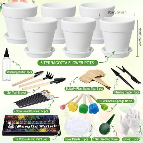 6 Sets DIY Flower Pot Painting Kit 6 White Terracotta Flower Pots with Saucer Planting Gardening Tools 12 Color Acrylic Paints Set Plant Growing Crafts Spring Garden Gift - Image 3