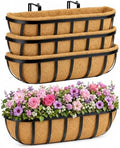 Y&M Railing Planter Boxes 24 Inch 2 Pack, 2-in-1 Adjustable Hanging Balcony Planters with Coco Liners, Heavy Duty Window Box Planters with Support Rods for Outdoor Garden by YM