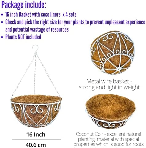 LaLaGreen Porch Hanging Baskets (16 in, 4 Pack) White Metal Coco Liner Pots - Image 2