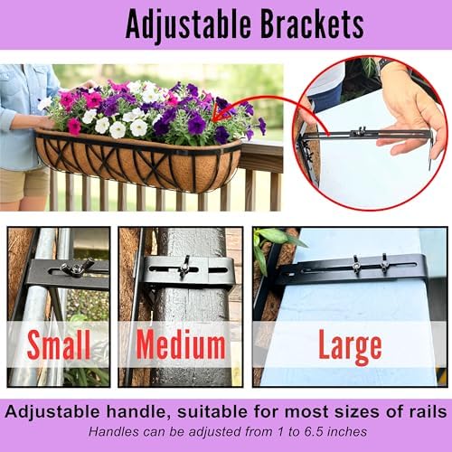 LaLaGreen 36 Inch, 4 Pack Railing Planters with Coir Liner – Large Black Metal Window Boxes with Adjustable Brackets for Wall Mounting, Herb Pots, Balcony & Fence Planter for Patio, Porch, Garden - Image 5