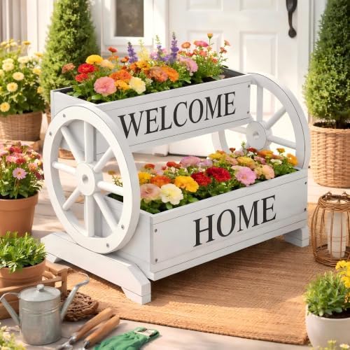 24" White 2-Tier Wooden Flower Cart Wagon Planter with Wheels - Image 3