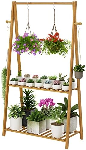 Hanging Plant Shelf Indoor Outdoor Bamboo Wood Plant Flower Stands by TOVACU