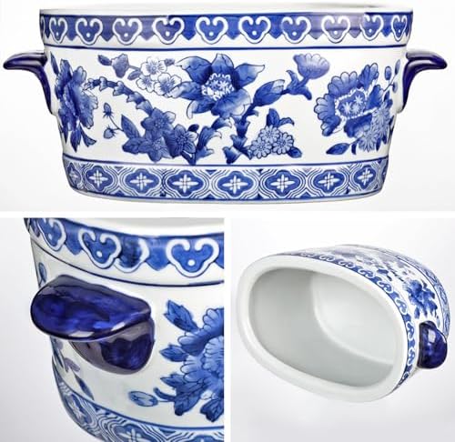 Blue and White Ceramic Planter Pot – Vintage Floral Oval Cachepot Vase for Indoor Plants, Flowers & Succulents – Glazed Chinese Porcelain Style Decorative Bowl – 7.4" or 10.6" Size – No Drainage - Image 6