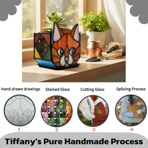 Star Orange Cat Planter, Stained Glass Flower Pot, Art Deco Style, Indoor Plant Container with Drainage Hole, 4.6x3x5.15 Inches - Image 2